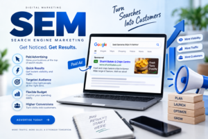 SEM (Search Engine Marketing) digital marketing strategy showing paid advertising, quick results, targeted audience, and increased website traffic.