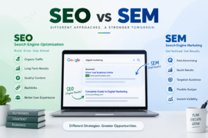 SEO vs SEM comparison showing organic SEO and paid SEM strategies for digital marketing.